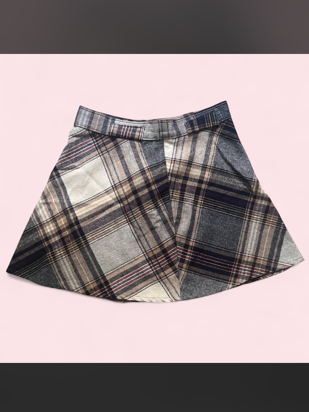 Wool Vintage Plaid A-Line Mini Skirt Neutral Tan Gray